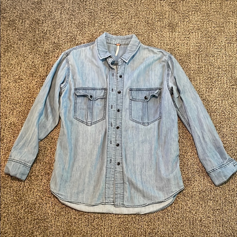 Free People Light Blue Denim Button Down Shirt